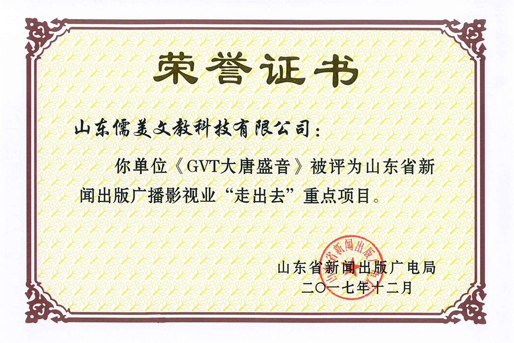 山东省广电重点项目荣誉证书